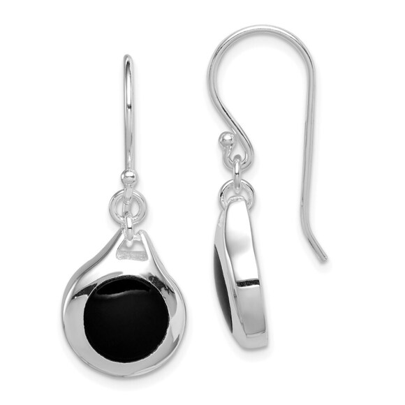 925 Sterling Silver Genuine RH-plated Polished Onyx Teardrop Dangle Earrings